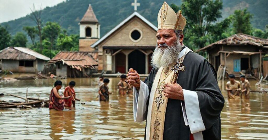 Tradycyjny katolicki kapłan w podtopionych wsiach Azji udzielający duchowej pomocy poszkodowanym