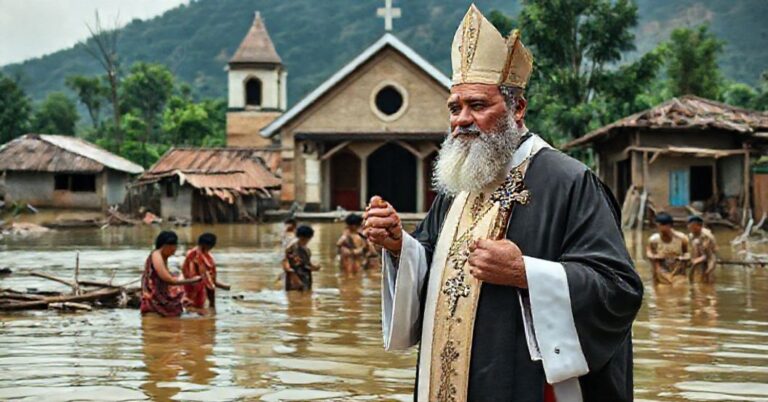 Tradycyjny katolicki kapłan w podtopionych wsiach Azji udzielający duchowej pomocy poszkodowanym