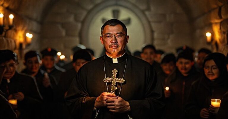 Katolicki kapłan w podziemnym kościele w Chinach otoczony wiernymi, symbolizujący prześladowanie wiary przez komunistyczny reżim.