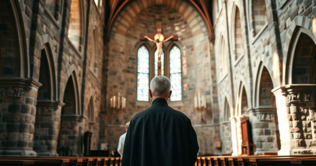 Fotografia realistyczna katolickiego kapłana w czarnej sutannie w historycznej katedrze, symbolizująca tradycję i wierność naukom Kościoła