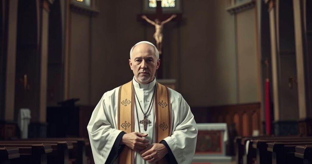 Realistyczne zdjęcie kapłana w tradycyjnym stroju w kościele, symbolizujące katolicką wierność i krytykę modernizmu