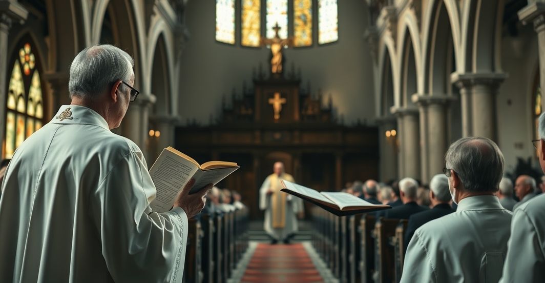 Realistyczne zdjęcie kapłana w tradycyjnym stroju w kościele, symbolizujące katolicką wierność i krytykę modernizmu
