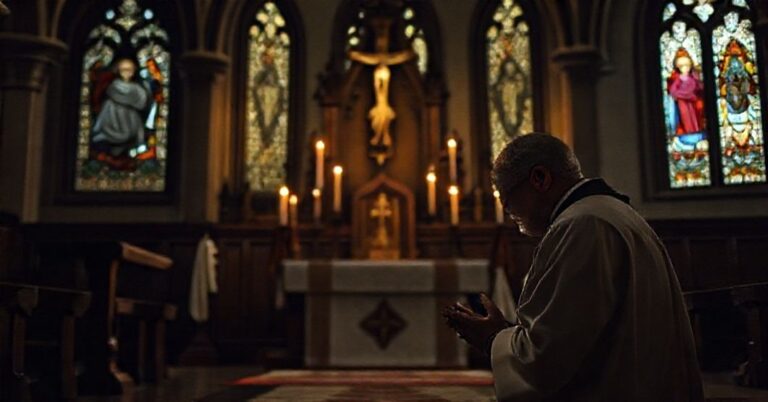 Ks. w modlitwie przed ołtarzem w tradycyjnym kościele katolickim z witrażami przedstawiającymi św. Barbarę.