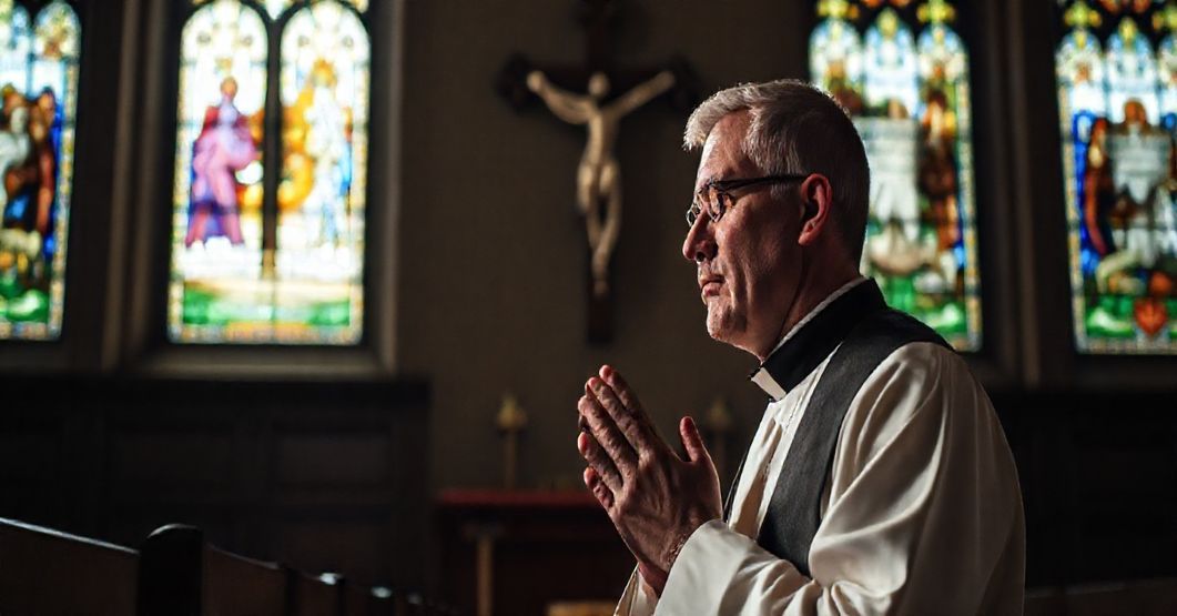 Modlitwa katolicka - tradycyjny kapłan w modlitwie przed krucyfiksem w kaplicy