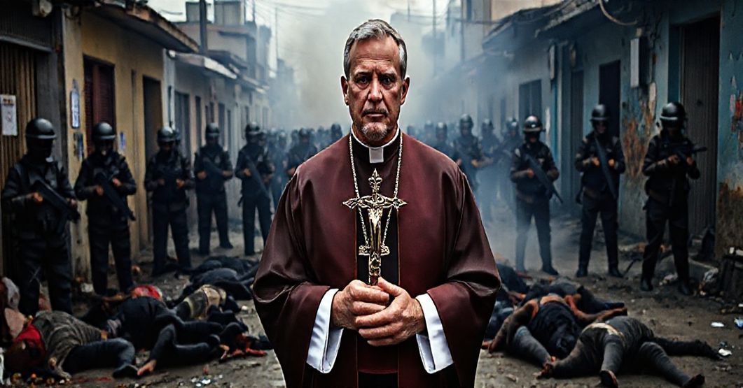 Katolicki kapłan w tradycyjnych szatach liturgicznych stoi w faweli Rio de Janeiro podczas akcji policyjnej przeciwko gangom narkotykowym. Scena pokazuje dym, poległych przestępców i uzbrojonych policjantów w tle. Wyraz twarzy kapłana jest poważny ale zdecydowany, symbolizując nauczanie Kościoła o sprawiedliwej władzy i porządku moralnym w obliczu przemocy.