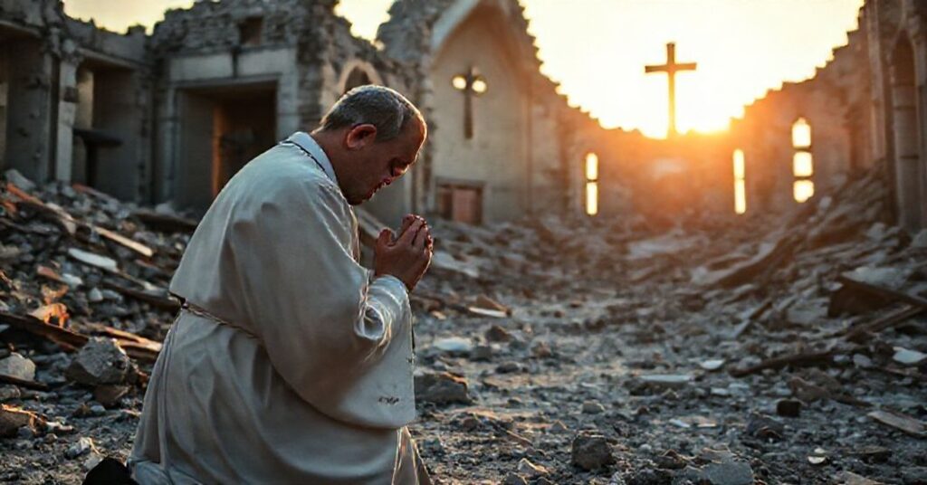 Kneeling Catholic priest in prayer before a ruined church in Kyiv after a Russian missile attack, symbolizing moral and spiritual reflection on war.