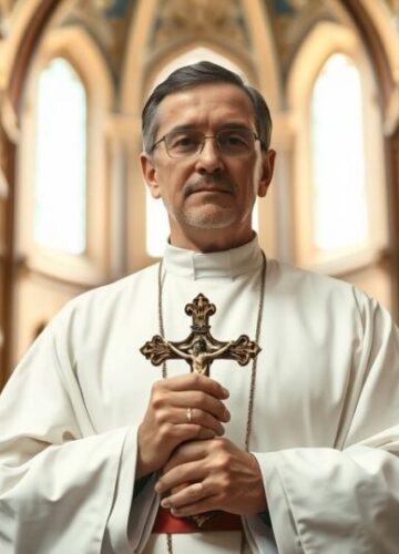 Katolicki kapłan w świątyni z krucyfiksem - obraz religijnej tradycji Realistyczne zdjęcie katolickiego kapłana w tradycyjnych szatach w świątyni, trzymającego krucyfiks, emanującego pokorą i wiarą.