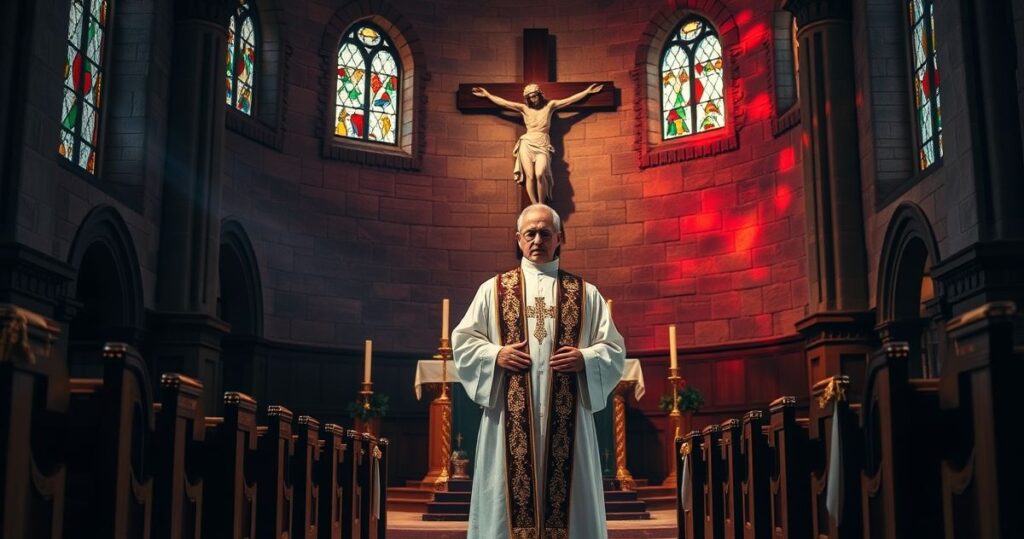Realistyczny, pełen szacunku obraz katolickiego kapłana w świątyni, symbolizujący duchowość i tradycję Kościoła katolickiego.