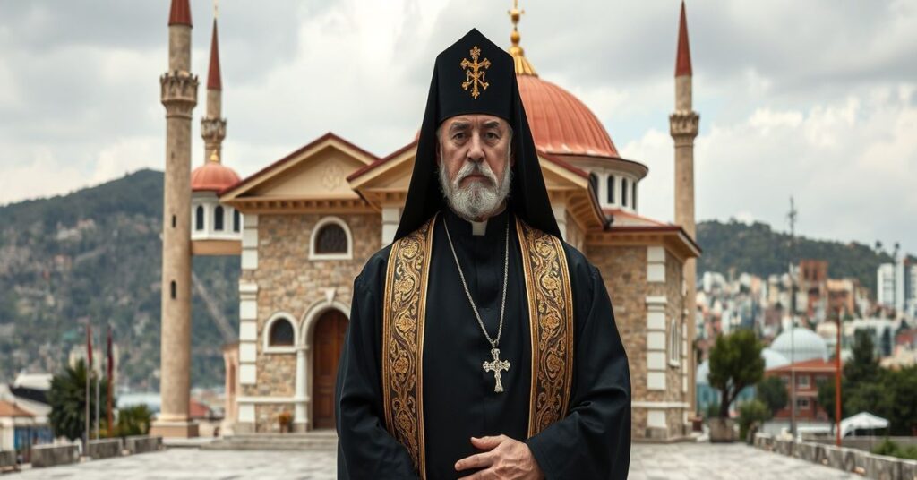 Ksiądz katolicki w tradycyjnych szatach liturgicznych przed zamkniętym seminarium na wyspie Halki w Turcji.