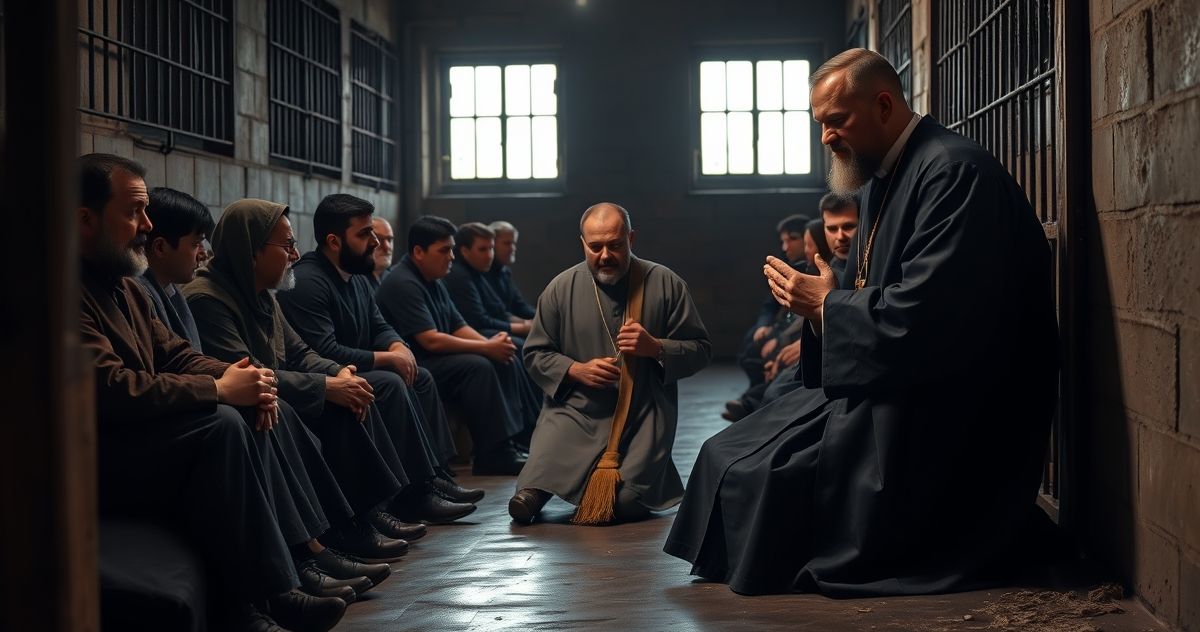 Realistyczny obraz katolickiego kapłana w więzieniu na Białorusi, udzielającego pomocy duchowej więźniom, z naciskiem na modlitwę, wiarę i powagę, oddający głębię duchowego wsparcia i tradycyjny katolicki charakter sceny.