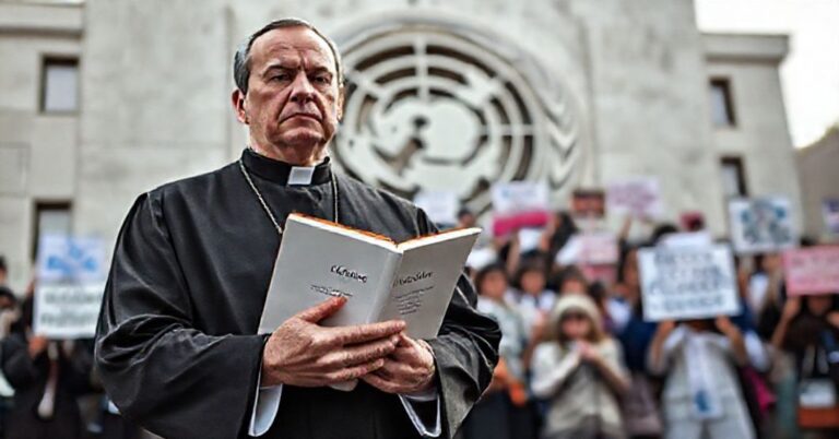Tradycyjny katolicki kapłan w stroju liturgicznym stoi przed budynkiem ONZ trzymając książę "Casti Connubii", na tle tłumu z transparentami promującymi ideologię gender