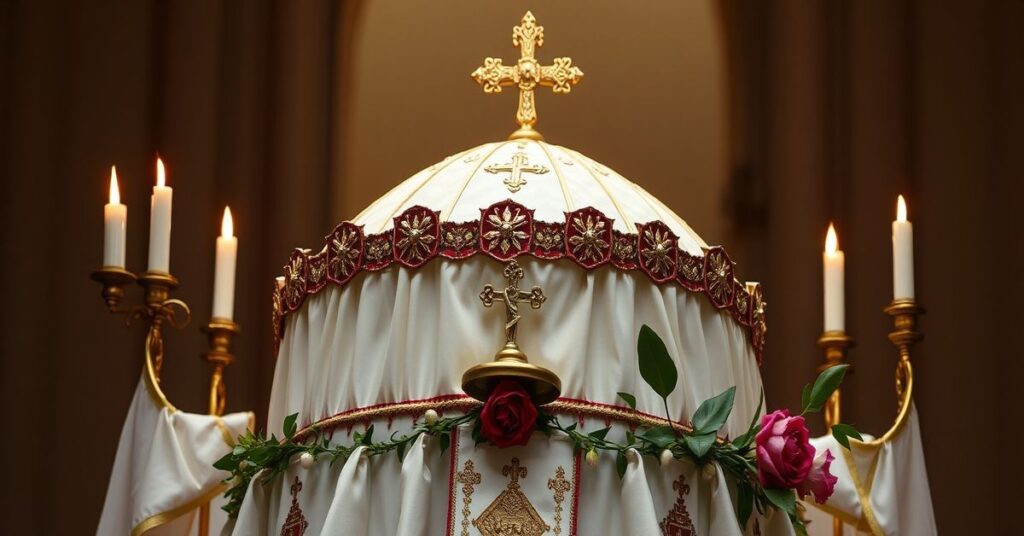 Tradycyjny katolicki kapłan modli się przed trydenckim ołtarzem Wielkanocnym w barokowym kościele