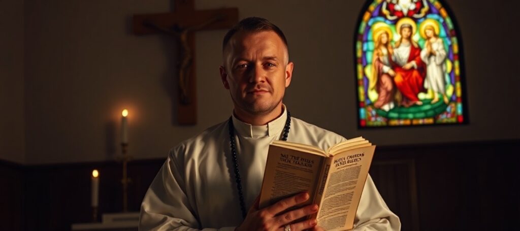 Ks. katolicki modlący się w kaplicy z krzyżem i witrażem przedstawiającym Trójcę Świętą - prawda o zbawieniu tylko w Kościele Katolickim