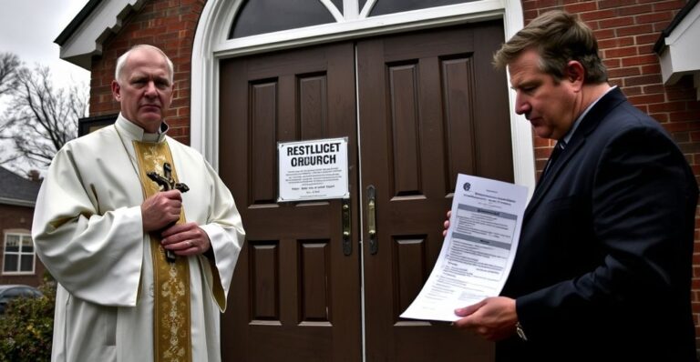 Kasztanowy kapłan katolicki stoi przed zamkniętym kościłem protestanckim w Windsor Township, trzymając krucyfiks, patrząc na urzędnika rządowego trzymającego dokument z restrykcjami. Scena podkreśla konflikt między prawdziwą wiąrą a swiecką władzą.