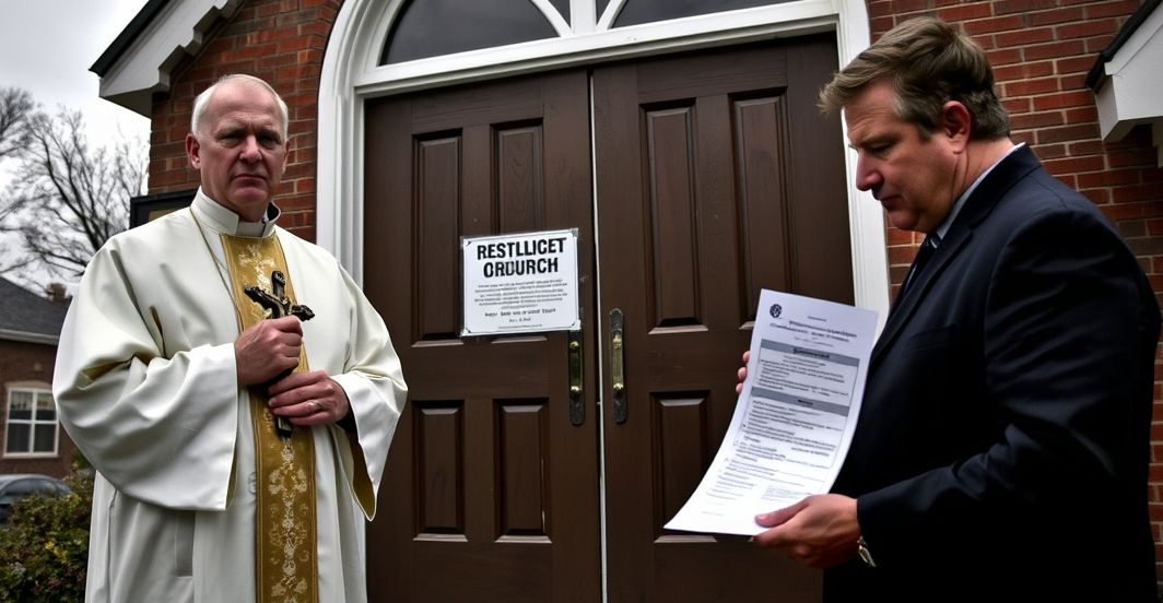Kasztanowy kapłan katolicki stoi przed zamkniętym kościłem protestanckim w Windsor Township, trzymając krucyfiks, patrząc na urzędnika rządowego trzymającego dokument z restrykcjami. Scena podkreśla konflikt między prawdziwą wiąrą a swiecką władzą.