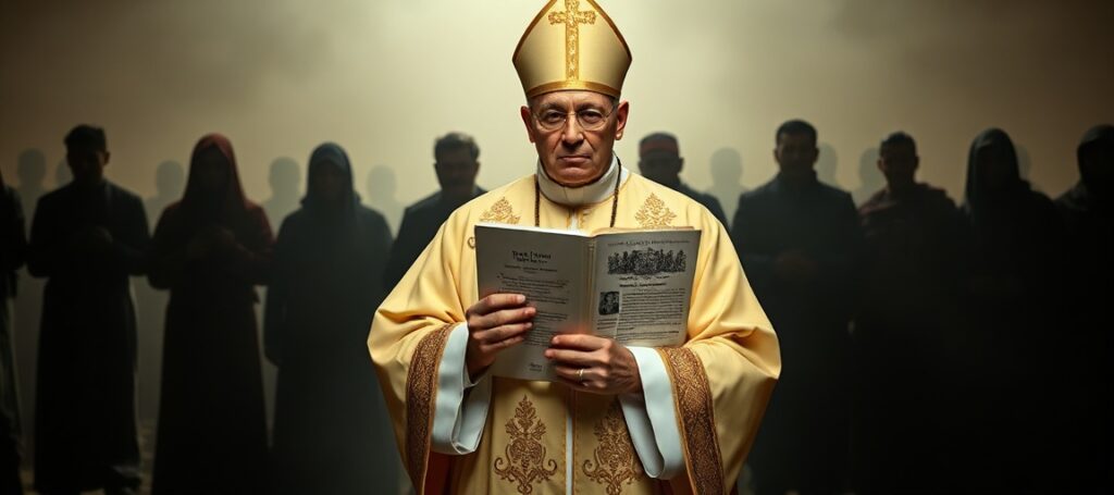 Sobór Watykański II i kryzys wolności religijnej - tradycyjny katolicki kapłan w szata liturgicznych z encykliką Piusa IX na tle prześladowanych chrześcijan