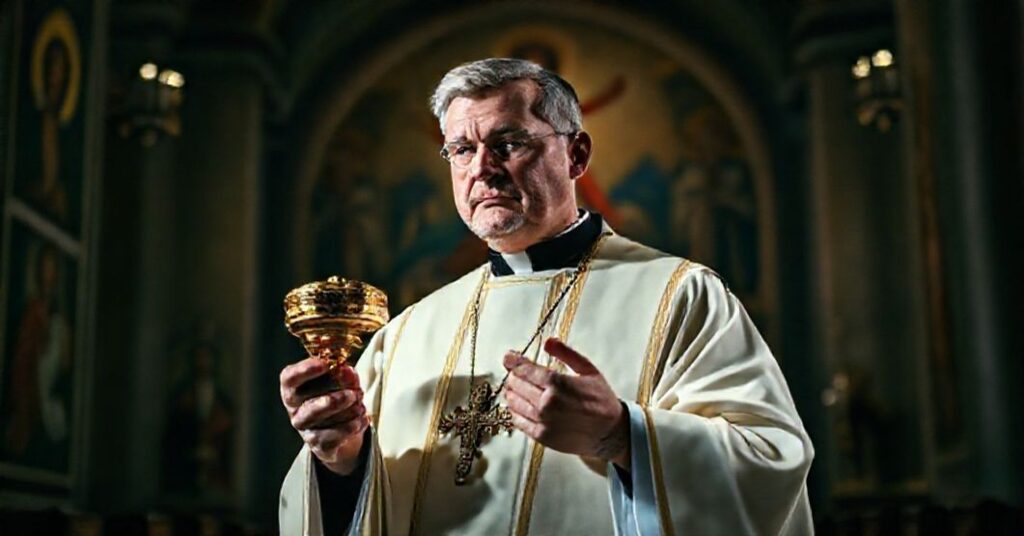 Tradycyjny kapłań katolicki w pełnym stroju liturgicznym trzymający hostiż z pobożnym szacunkiem w tradycyjnym kościele.