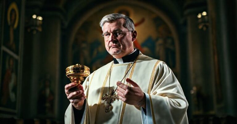 Tradycyjny kapłań katolicki w pełnym stroju liturgicznym trzymający hostiż z pobożnym szacunkiem w tradycyjnym kościele.