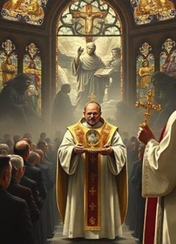 Obrona życia i wartość chrześcijańskiej wiary Pobieranie obrazu: Katolicki kapłan z monstrancją przed skupionymi wiernymi w świątyni o witrażowych oknach.