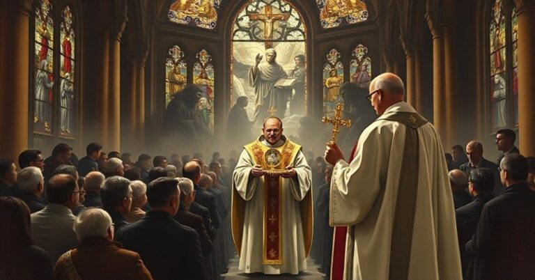 Pobieranie obrazu: Katolicki kapłan z monstrancją przed skupionymi wiernymi w świątyni o witrażowych oknach.