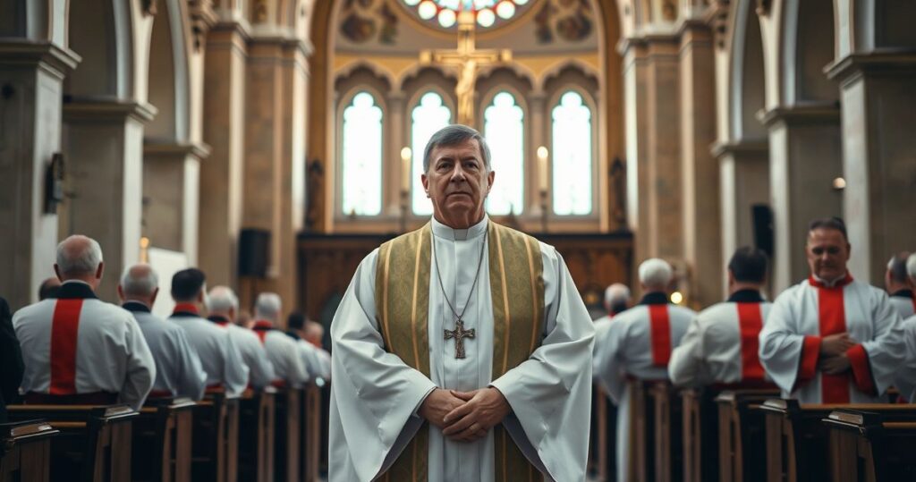 Kapłan w tradycyjnym stroju katolickim w kościele, wyraz powagi i troski, symbolizujący sprzeciw wobec ekologicznej herezji i modernistycznej zdrady wiary