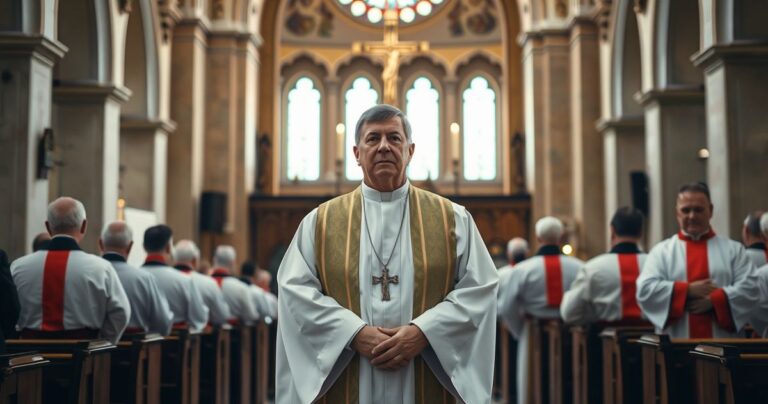 Kapłan w tradycyjnym stroju katolickim w kościele, wyraz powagi i troski, symbolizujący sprzeciw wobec ekologicznej herezji i modernistycznej zdrady wiary
