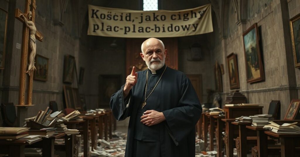Powściągliwy wnętrze kaplicy z "ks." Grzegorzem Strzelczykiem stojącym wśród zniszczonego sztuki sakralnej i rozrzuconych książek.