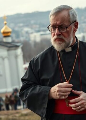 Katolicki kaznodzieja modli się za Rosję - duchowa pustka narodu Katolicki kaznodzieja w tradycyjnych szatach modlących się przed prawosławną cerkwią w Rosji, symbolizujący duchową pustkę narodu
