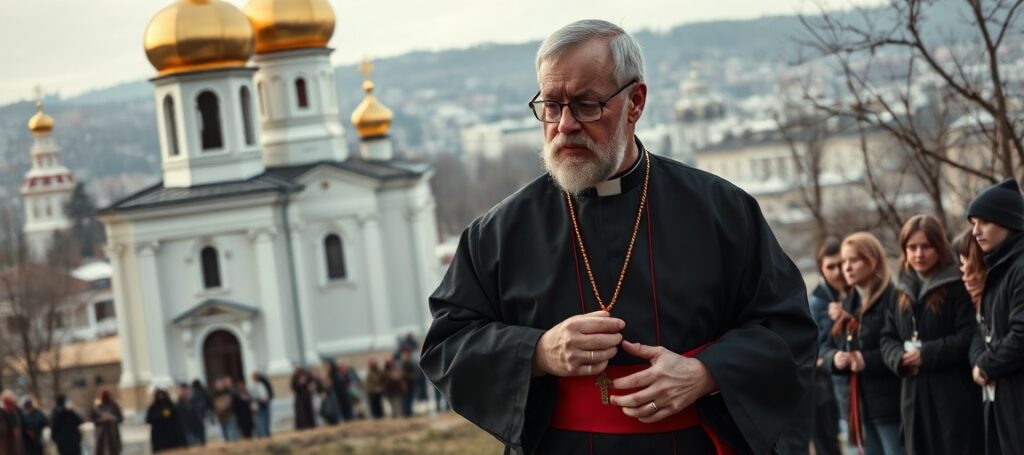 Katolicki kaznodzieja w tradycyjnych szatach modlących się przed prawosławną cerkwią w Rosji, symbolizujący duchową pustkę narodu