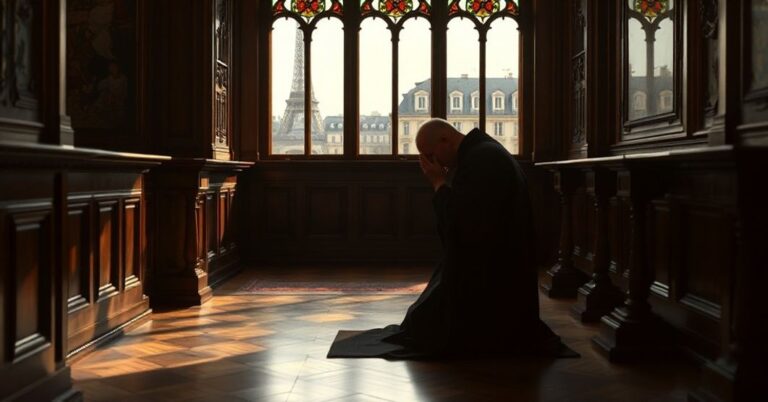 Scena w tradycyjnym katolickim konfesjonału w Paryżu, z pokutnikiem w cieniu przed księżem w liturgicznych szatach. Na tle widoczna nowoczesna architektura Paryżu.
