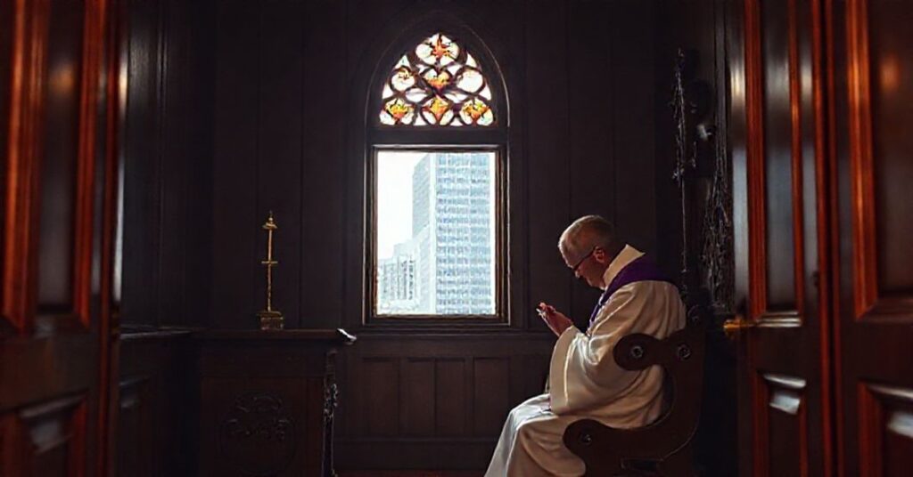 Wnętrze tradycyjnego katolickiego konfesjonału z kapłanem i pokutnikiem w modlitwie