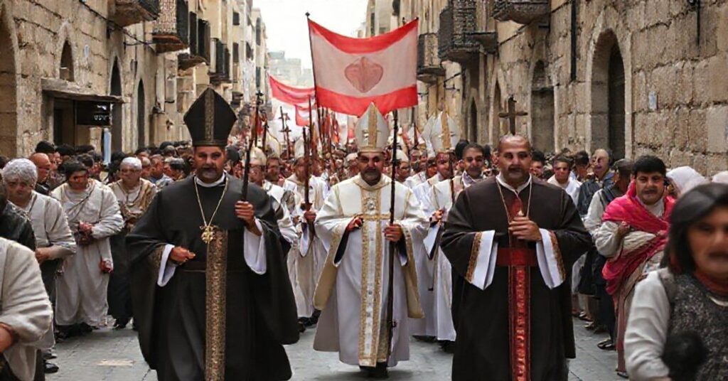 Procesja katolicka w Libanie z tradycyjnym biskupem w pełnych szat liturgicznych idącym przez starożytne ulice obok niepokojonych mieszkańców. Scena przedstawia konflikt między prawdziwą katolicką wiarą a nowoczesnym ekumenizmem.