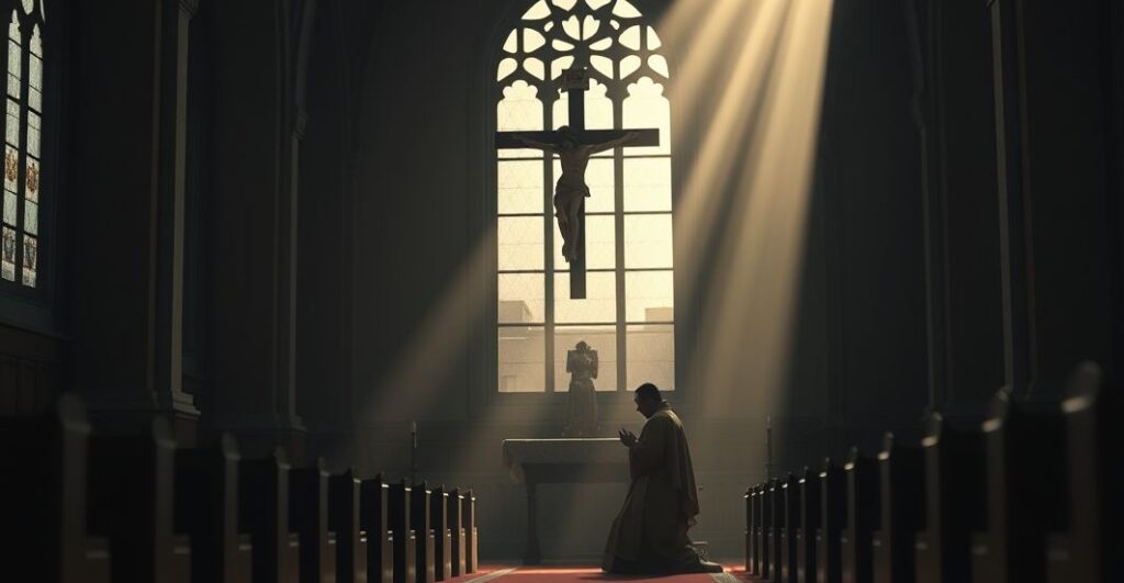 Sobór katolicki z księdzem modlącym się przed krucyfiksem, w tle widoczna klinika eutanazji MAiDHouse