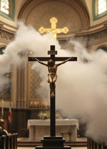 Kościół katolicki pod atakiem - dym z bomby Antify Wnętrze katolickiego kościoła podczas koncertu z dymem z bomby dymnej rzuconej przez aktywistę Antify. Chrystus na krzyżu w tle symbolizuje opór wobec profanacji.