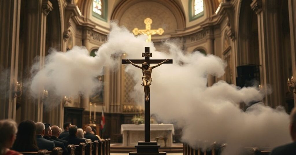 Wnętrze katolickiego kościoła podczas koncertu z dymem z bomby dymnej rzuconej przez aktywistę Antify. Chrystus na krzyżu w tle symbolizuje opór wobec profanacji.