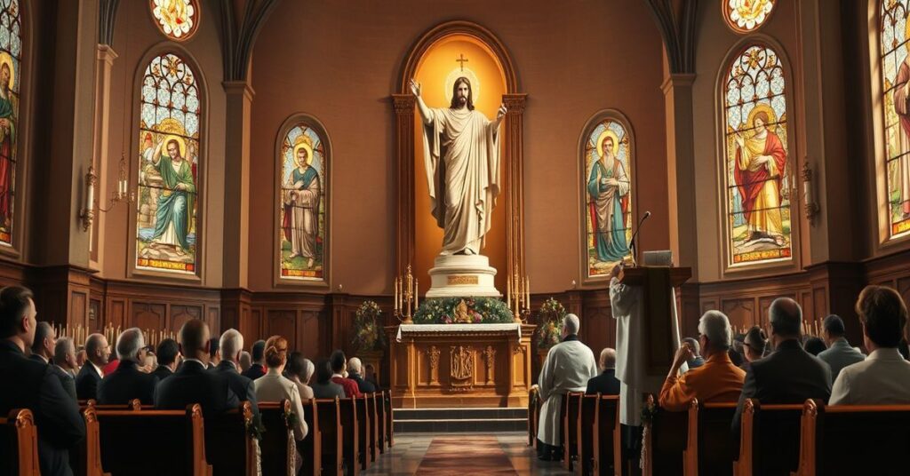 Tradycyjny wnętrze kościoła katolickiego z figura Chrystusa Króla i modlącymi się wiernymi