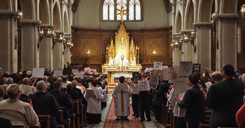 Tradycyjny katolicki kościół z mszą trydencką na tle protestanckiego rozdziału z powodu kobiet-pastorek i akceptacji homoseksualizmu