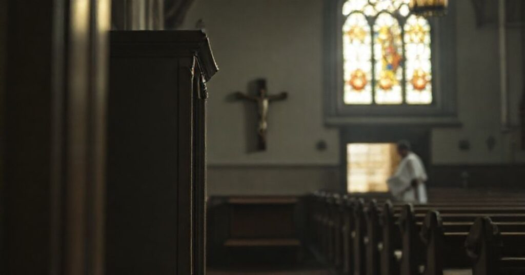 Wnętrze kościoła katolickiego z pustym konfesjonałem i krzyżem na ścianie, symbolizujące brak autentycznych sakramentów i herezje modernistyczne.
