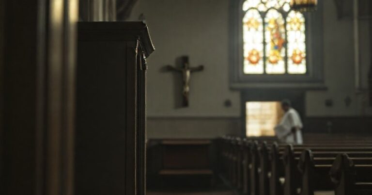 Wnętrze kościoła katolickiego z pustym konfesjonałem i krzyżem na ścianie, symbolizujące brak autentycznych sakramentów i herezje modernistyczne.