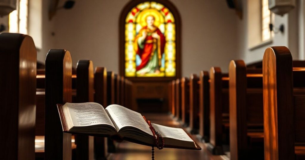 Wnętrze kościoła z ławką, Biblią i różańcem na pierwszym planie, w tle witraż z postacią św. Franciszka z Asyżu. Scena podkreśla tradycyjne wartości katolickie i duchowe odpowiedzi na potrzeby człowieka.