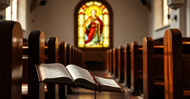 Wnętrze kościoła z ławką, Biblią i różańcem na pierwszym planie, w tle witraż z postacią św. Franciszka z Asyżu. Scena podkreśla tradycyjne wartości katolickie i duchowe odpowiedzi na potrzeby człowieka.