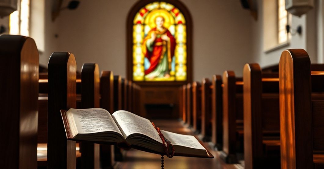 Wnętrze kościoła z ławką, Biblią i różańcem na pierwszym planie, w tle witraż z postacią św. Franciszka z Asyżu. Scena podkreśla tradycyjne wartości katolickie i duchowe odpowiedzi na potrzeby człowieka.