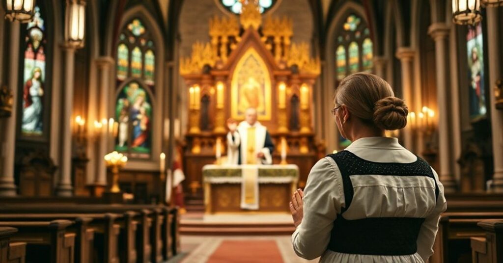 Wnętrze tradycyjnego kościoła katolickiego z ołtarzem głównym i modlącym się kobietą w polskiej szacie narodowej