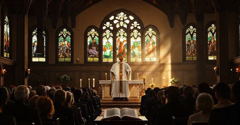 Wnętrze tradycyjnego kościoła katolickiego z kapłanem w pełnym stroju liturgicznym przy ołtarzu oraz modlącymi się wiernymi.
