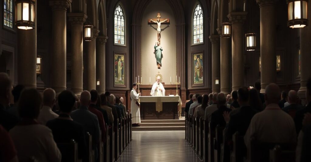 Sobór katolicki w tradycyjnym stylu z klerem i wiernymi modlącymi się przed ołtarzem.