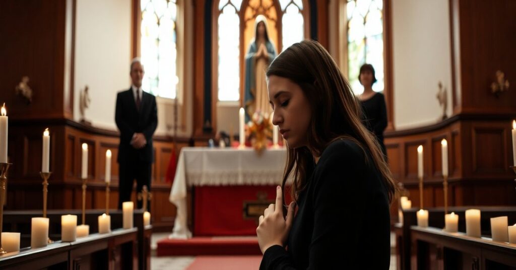 Wnętrze katolickiego kościoła z ołtarzem i rzeźbą Matki Boskiej Bolesnej. Kobieta z paraliżem twarzy modli się przed ołtarzem.