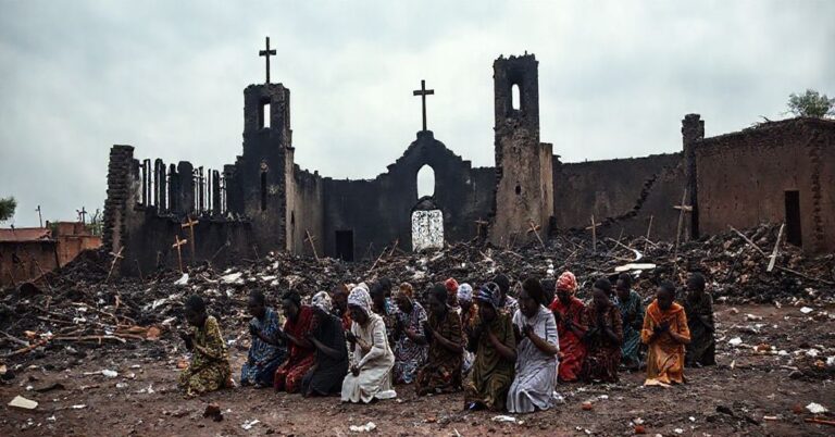 Zniszczony kościół katolicki w Mali otoczony ruinami i modlącymi się wiernymi