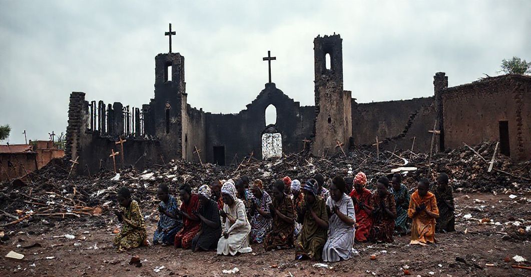 Zniszczony kościół katolicki w Mali otoczony ruinami i modlącymi się wiernymi