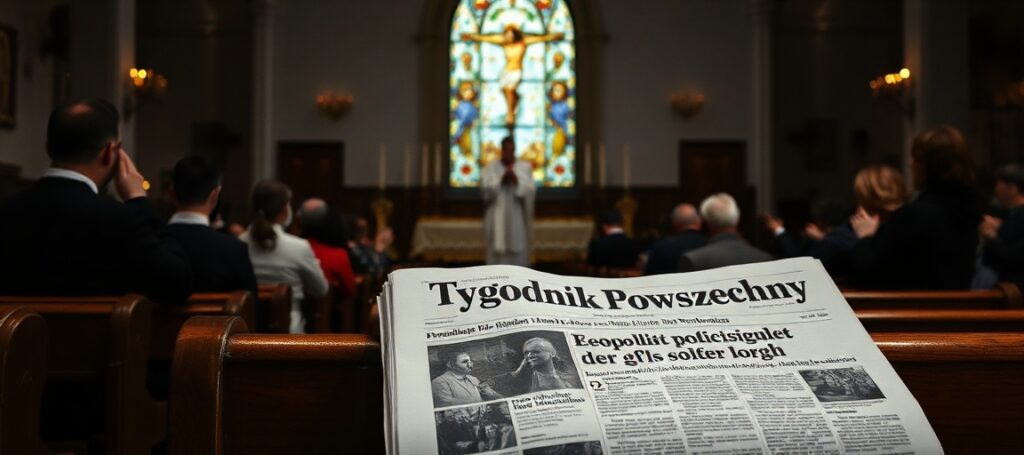 Wnętrze tradycyjnego kościoła katolickiego z kapłanem przy ołtarzu i modlącymi się wiernymi na tle wiadomości z Tygodnika Powszechnego