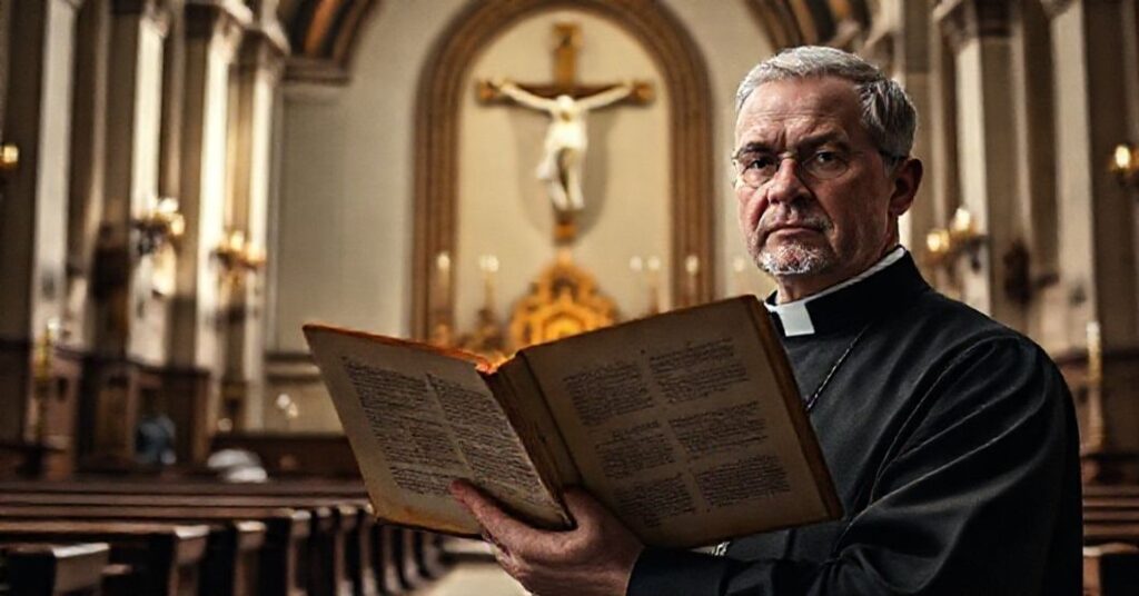 Wnętrze kościoła katolickiego z wielkim krzyżem i księgą symbolizującą biografię Józefa Czapskiego